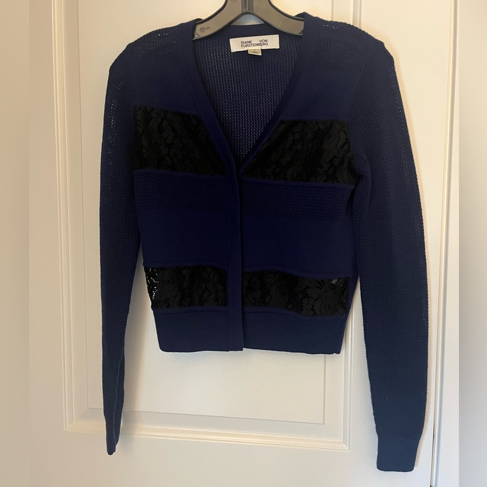 Diane Von Furstenberg Navy & Black Lace Cardigan - Size P